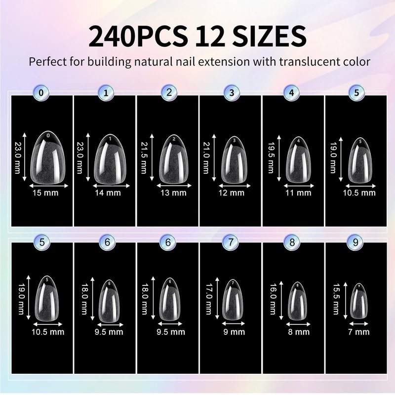 CyyaPeaap Medium Almond Nail Tips - 12 Sizes 240 PCS Half Matte Full Cover Clear Fake Nails Soft Gel Pre-shaped Press On False Nails Acrylic Soft Nail Tips Medium Extension Manicure DIY Gelly Tips