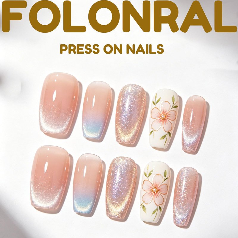 French Tip Press on Nails Medium Almond Fake Nails with 3D Butterfly Lines Designs Green Nails Press ons Gold Acrylic Nails for Women 24Pcs