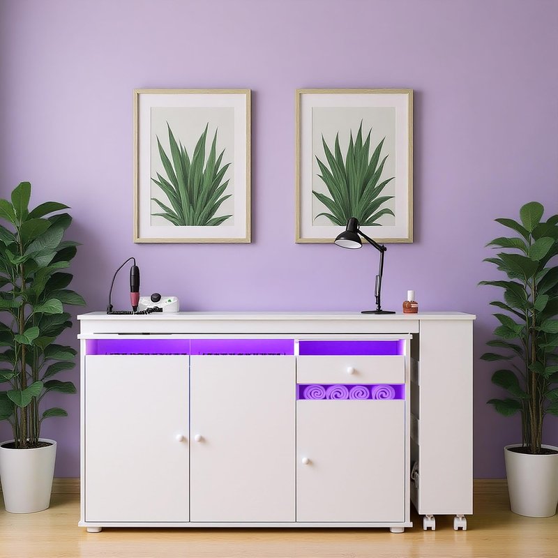 HolaiNail L-Shaped Manicure Table with Storage Cabinet, Drawer & Shelf, Rotating & Convertible Nail Tech Desk, Modern Nail Salon Table with LED Light, White