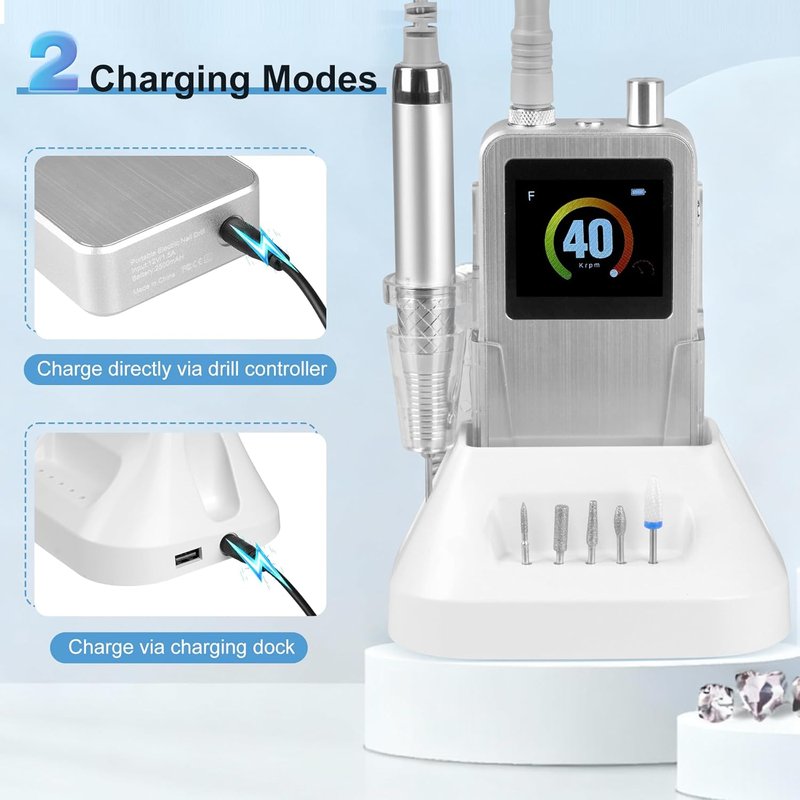 Professional Nail Drill - 40000RPM Cordless Electric Nail File for Manicure & Acrylic Gel Removal | Rechargeable, Vibration-Free, Silver