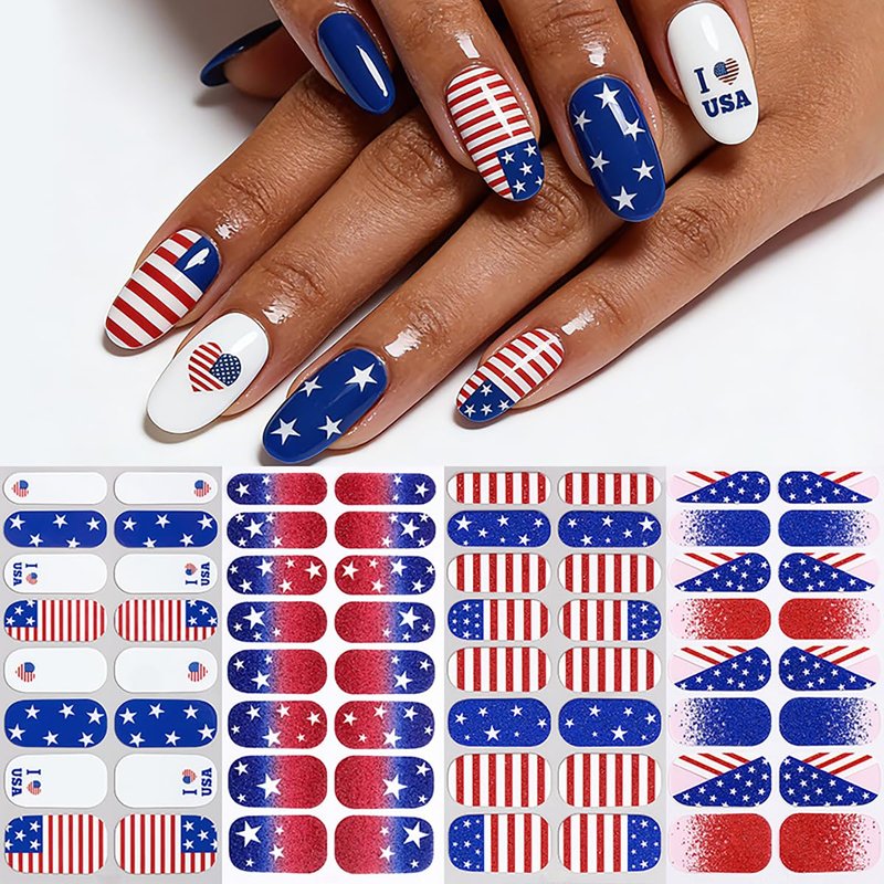 4 Sheets Independence Day Gel Nail Strips 4th of July Patriotic Full Wrap Nail Stickers Self-Adhesive American Flag Star Design Glitter Nail Polish Strips with File, Women DIY Holiday Manicure Decor