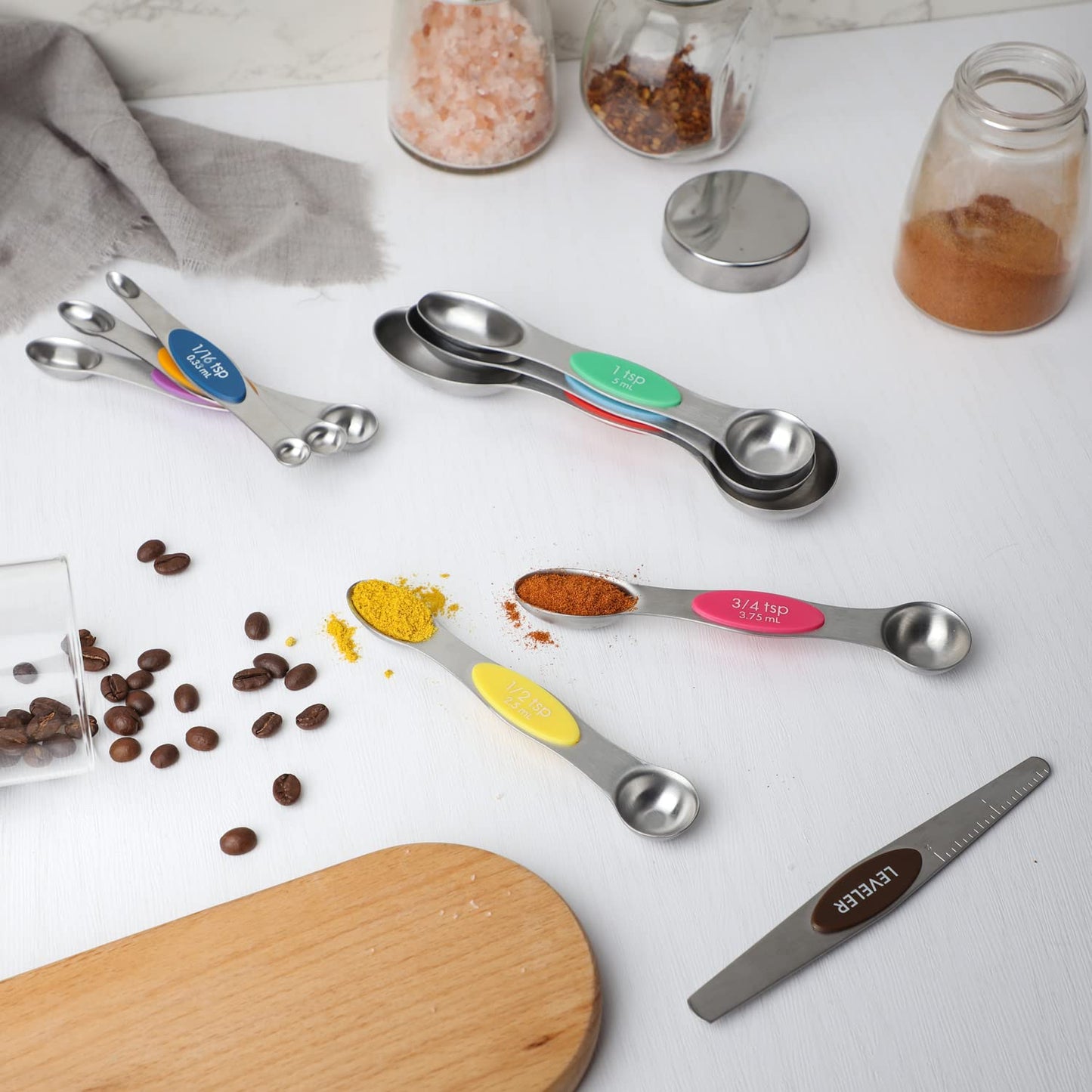 Magnetic Measuring Spoons Set of 9 Dual Sided Stainless Steel Measuring Spoons Stackable Nesting Tablespoon Teaspoon, Fits in Spice Jars, for Dry or Liquid Ingredients