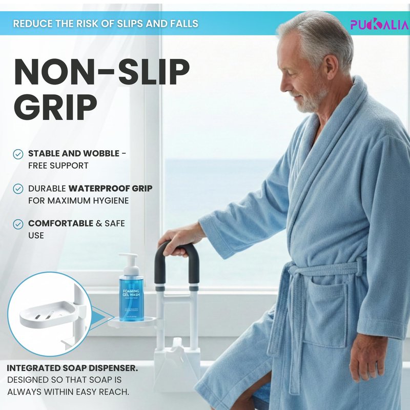 Bathtub Grab Bar Safety Rail for Seniors and Elderly with 300lbs Heavy Duty Iron Support Plus Tool Free Clamp on Shower Handle and Non Slip Bathroom Assist Bar for Side of Tub in White