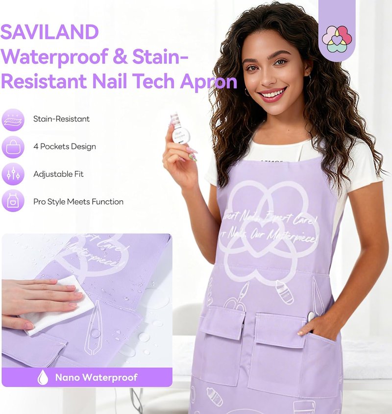 SAVILAND Nail Tech Apron - Waterproof & Stain-Resistant with Multiple Pockets | Adjustable Size 25x35cm