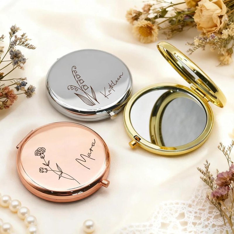 Personalized Travel Mirror - Birth Flower & Name | 2x/1x Magnifying Small Cosmetic Gift for Bridesmaids, Mothers, Graduates