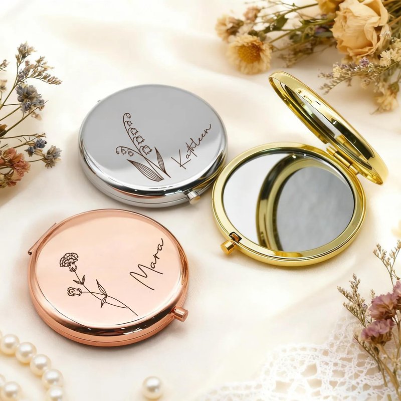 KeenlyMade Personalized Compact Travel Mirror with Birth Flower and Name, 2x/1x Magnifying Portable Mirror, Small Cosmetic Makeup Mirror Gift for Bridesmaid, Mother, Graduation, Nurse