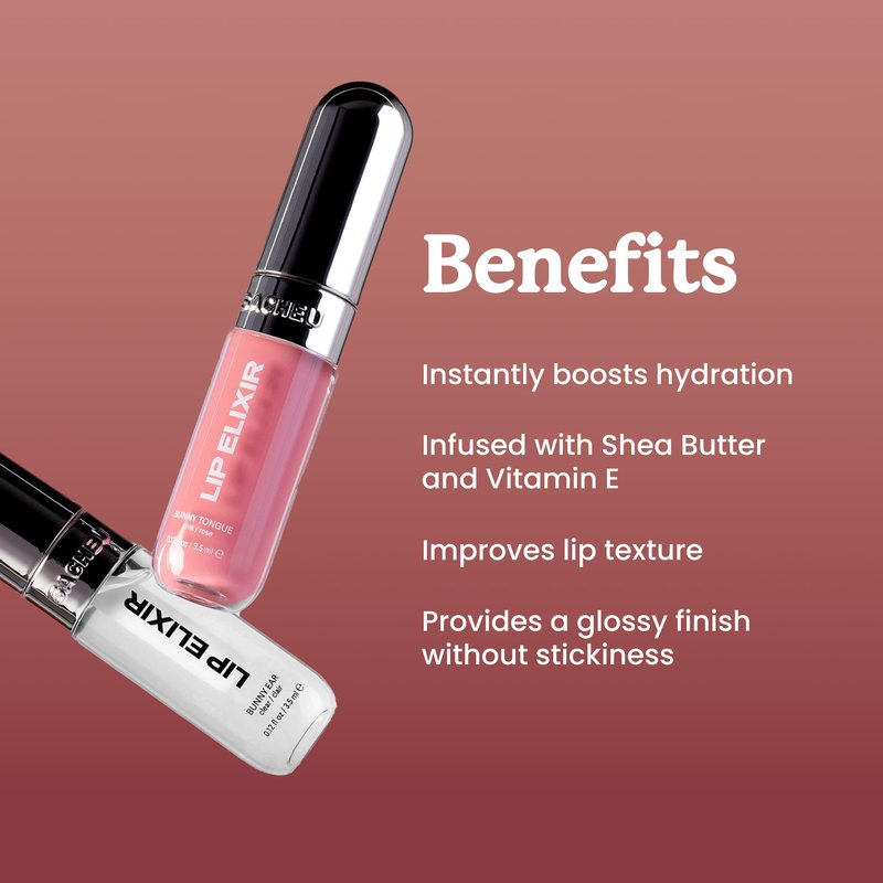 Sacheu Lip Elixir Nourishing and Hydrating Lipgloss — Moisturizing Plumping Lip Gloss Enriched with Collagen, Non-Sticky Lip Color Smooth High-Shine Finish, Vegan & Cruelty-Free, Bunny Tongue (Pink)