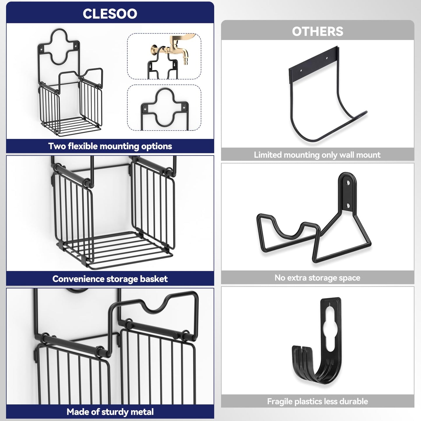 Garden Hose Holders for Outside Metal Water Hose Holder Wall Mount Hose Hanger with Storage Basket Heavy Duty Waterhose Holder for Outside Hose Rack Outdoor Hose Caddy Hook for Garden Organizer Black