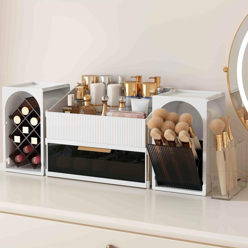 DINMPB Large Makeup Organizer for Vanity with Brush Holder and Lipstick Display Stand, Countertop Cosmetic Storage with Drawer for Skincare, Nail Polish, Perfume and Eyeshadow Palettes