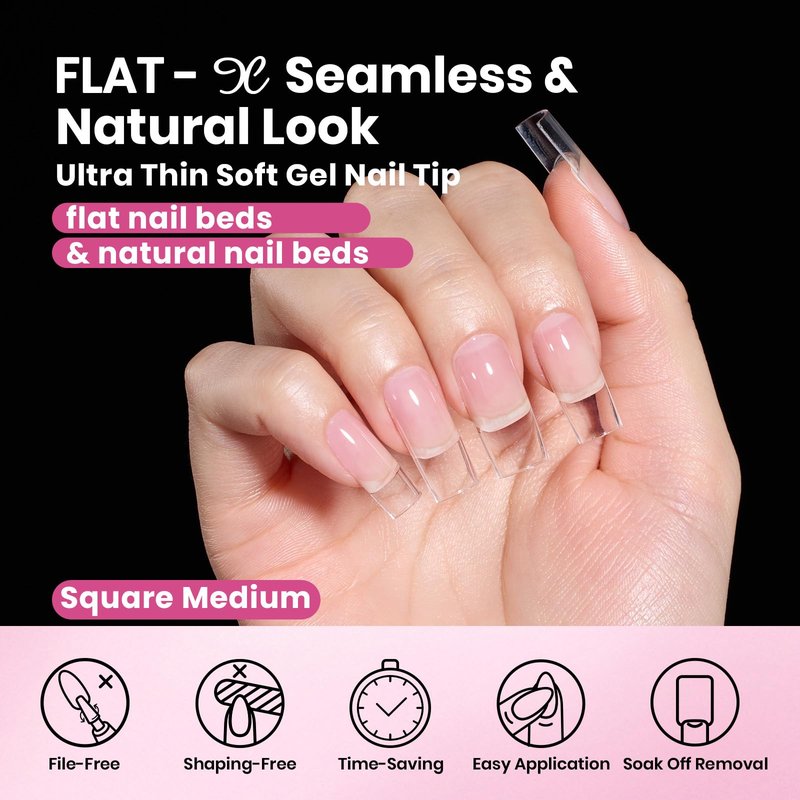 Beetles Gel Nail Tips Flat-X - Square Medium, 160pcs 16 Sizes, Pre-Etched Half Matte Full Cover Soft Acrylic False Nail Tips Clear Press on Easy DIY Extension Salon for Flat & Natural Nail Beds