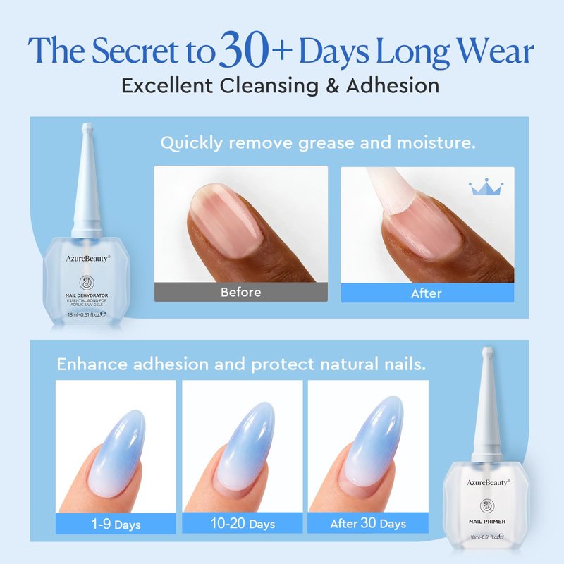 AZUREBEAUTY 18ml Nail Dehydrator and Primer, Acid-Free & Hema-Free Nail Prep Kit, No Lifting Bond for Gel Polish & Acrylic, Quick Dry Professional Natural Nail Primer for Long Lasting Manicure