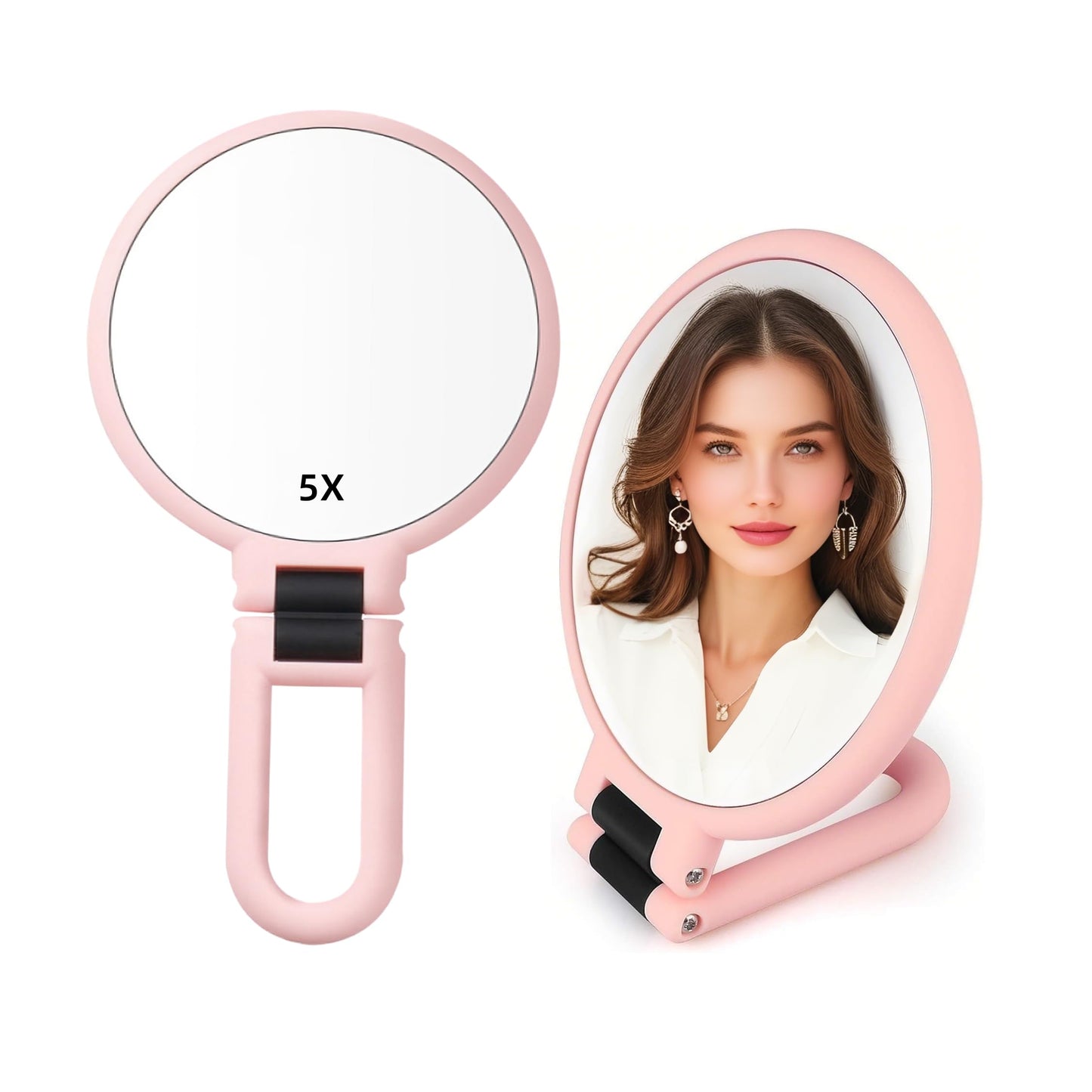 Stianiiie 1X 5X Handheld Mirror with Handle for Travel， Magnifying Mirror, Magnification, Rotation Adjustable Handle, Double Sided Folding, Mirror for Women for Eyes Makeup Travel Table Desk Shaving
