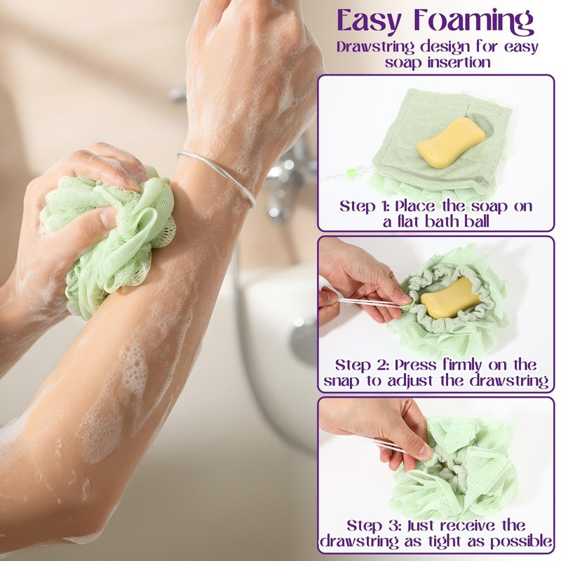 Hadnves 3 Pack Loofah Washcloth Combo 2-in-1 Wash Loofah Cloth for Bar Soap Pocket Reusable Drawstring Mesh Shower Sponge Ball for Body Wash & Smooth Skin (Purple Green Pink)