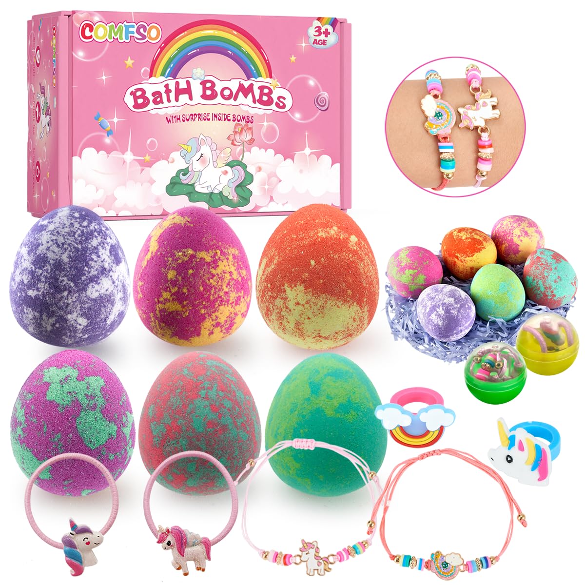 Easter Bath Bombs for Kids with Surprise Inside- Dino Egg Bath Bombs for Girls, 6 Pcs Bubble Bath Bomb, Dinosaur Bathbombs Gift Set, Unicorn Jewelry for Girls, Birthday Gifts, Easter Basket Stuffers