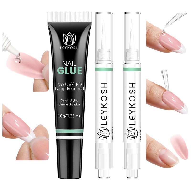 Leykosh Nail Glue - Quick Dry 10g & 2x5ml Remover Pens | 28+ Days Strong Hold, Damage-Free Finish