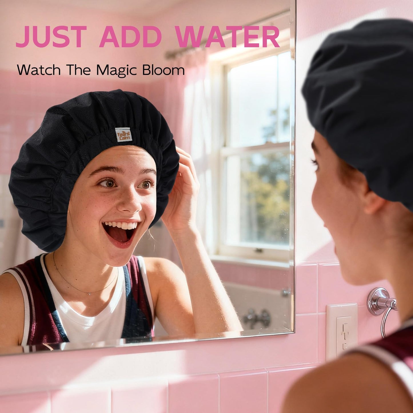 Years Calm Luxury Shower Cap for Women, Color Changing Shower Cap Reusable Waterproof, Flexi Satin Lined, Stylish Hair Cap for Shower, Washable Elastic Band Bath Cap for Long Hair, Braids (Black)