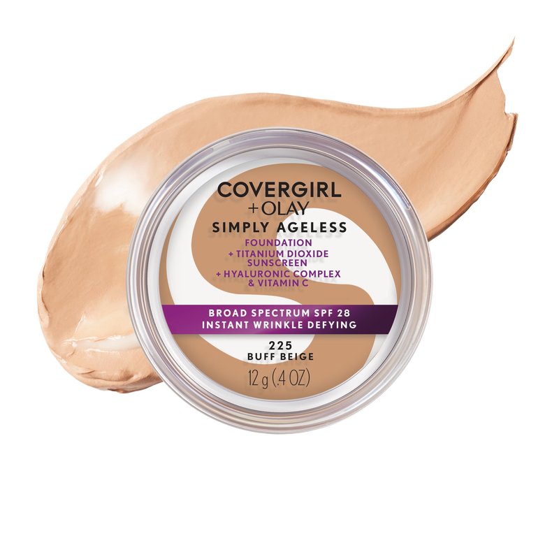 COVERGIRL Simply Ageless Instant Wrinkle Defying Foundation, SPF 28, Hyaluronic Complex & Vitamin C - 225 Buff Beige, Pack of 1