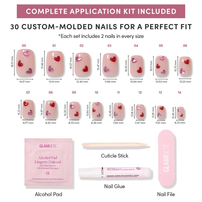 Glamnetic Press On Nails - Short Squoval Fake Nails with 3D Red & Pink Gemstone Hearts | 15 Sizes - 30 Nail Kit with Glue