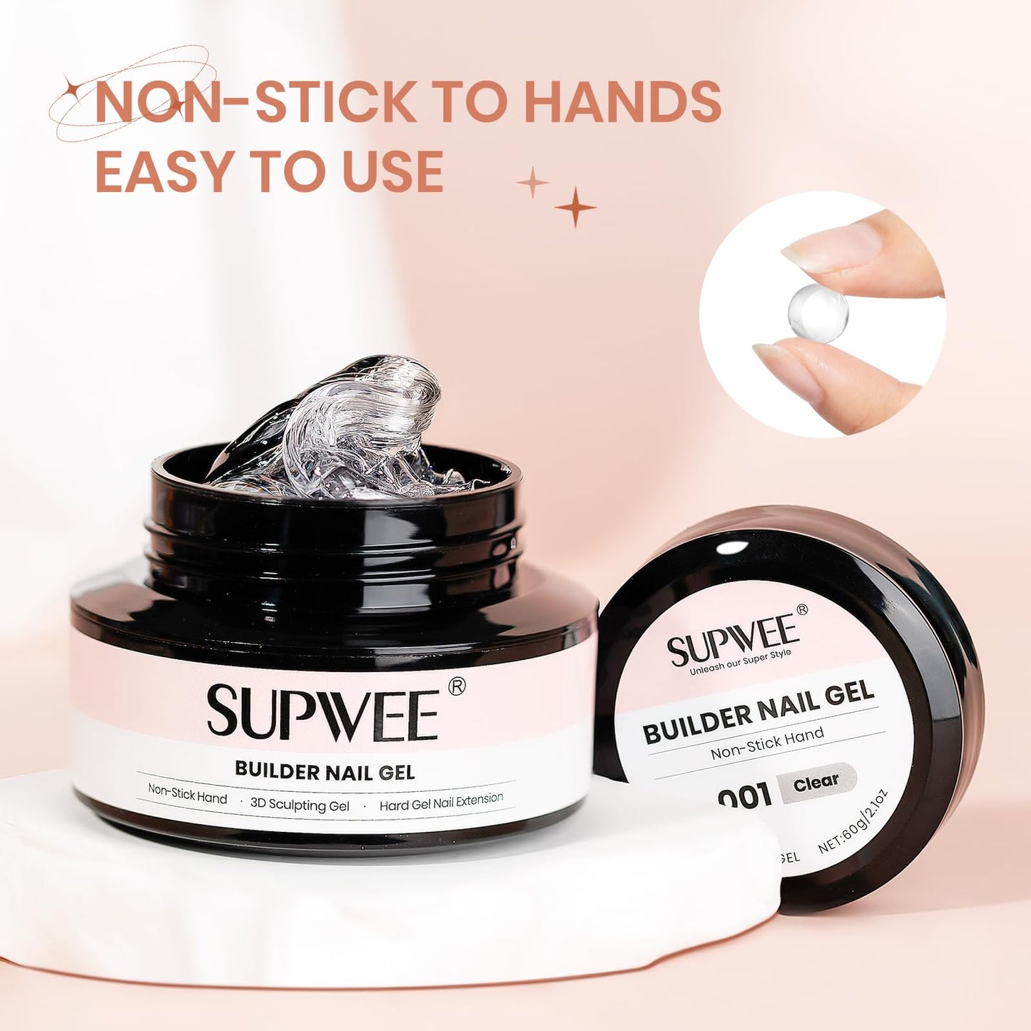 SUPWEE Solid Builder Nail Gel, 60g Large Capacity Clear 3D Nail Sculpting Hard Gel for nails Art Non-Sticky Hand for Carving Extension with Chrome Powder Home DIY Manicure