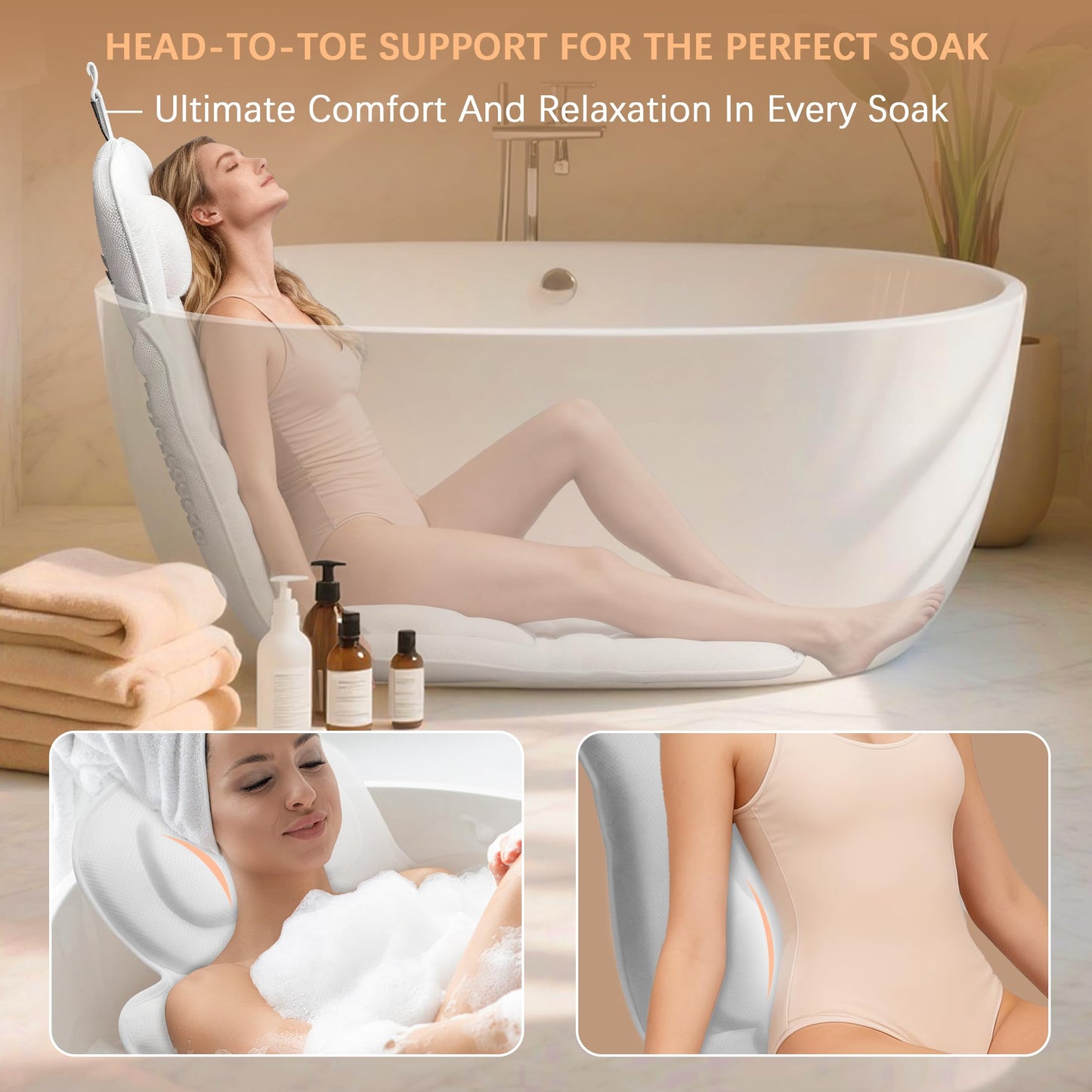 Full Body Bath Pillow for Bathtub - Thick Bathtub Cushion, Bathtub Pillow with 114 Suction Cups, 5D Air Mesh Bath Pillows for Tub Full Body, Head Neck Back Support, White 59 x 20 in