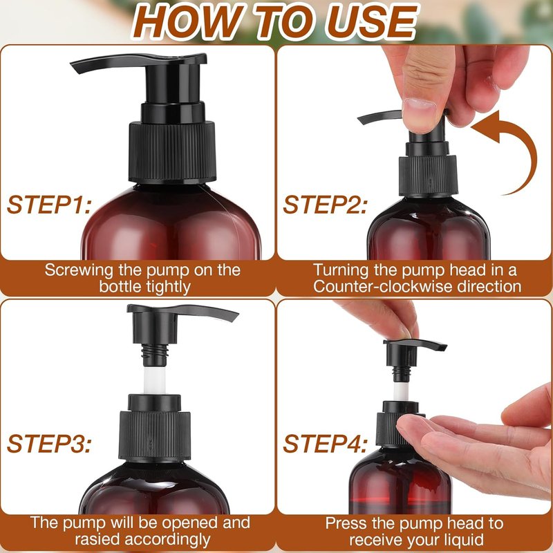 48 Pcs Pump Bottle Set - Refillable Lotion & Shampoo Dispenser | Clear 8oz/250ml Plastic Containers (Amber)