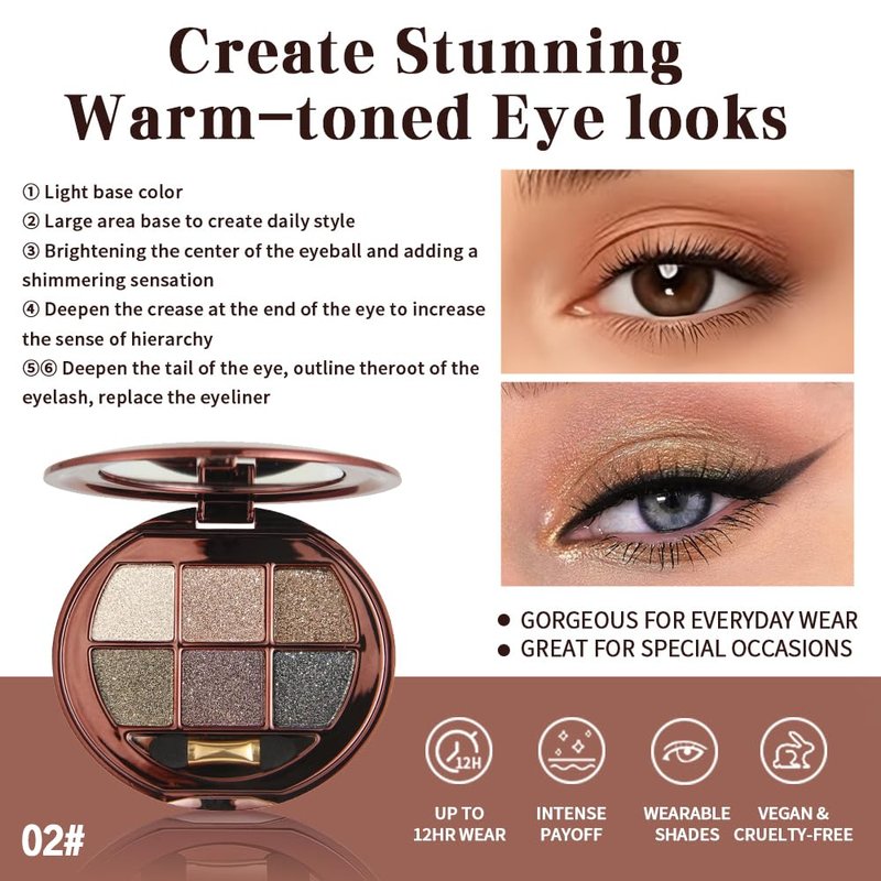 Shimmer Glitter Metallic Mini Eyeshadow Palette – 6-Color Neutral Cool-Tone Eye Shadow Kit, High Pigment Nude Smokey Eyeshadow, Long-Lasting Blendable Sparkle Eye Makeup Palette for Daily & Glam Looks