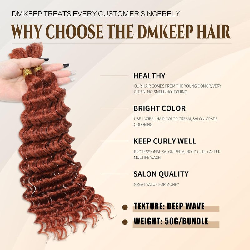 Ginger Deep Wave Human Hair Bundles - 18 Inch 100% Soft Curly Braiding Hair for Bohemian Styles
