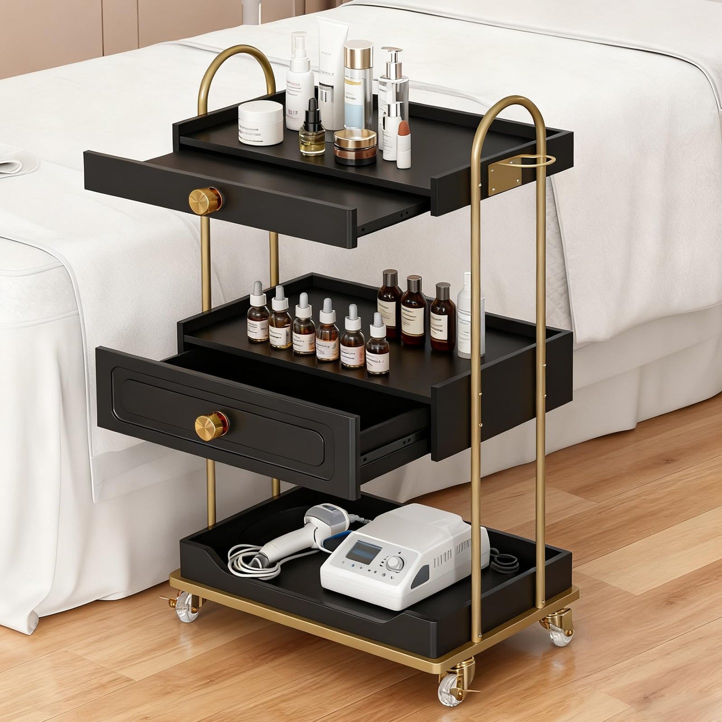 TTGIEET Barber Salon Trolley Cart w/Lockable Wheels, 3-Tier Rolling Beauty Cart with 2 Drawers & Dryer Holder, Mobile Beauty Trolley for Beauty Spa Barbershop(Black)