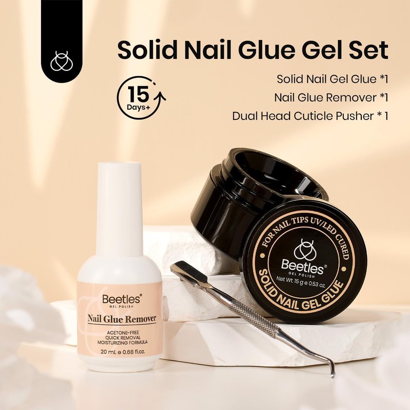 Beetles Solid Nail Glue Gel with 20ml Nail Glue Remover Set 15g for Press On Nails Acrylic Nails Tips U V Light Cured & Solid Glue Remover- Not for Uv Gel Glue