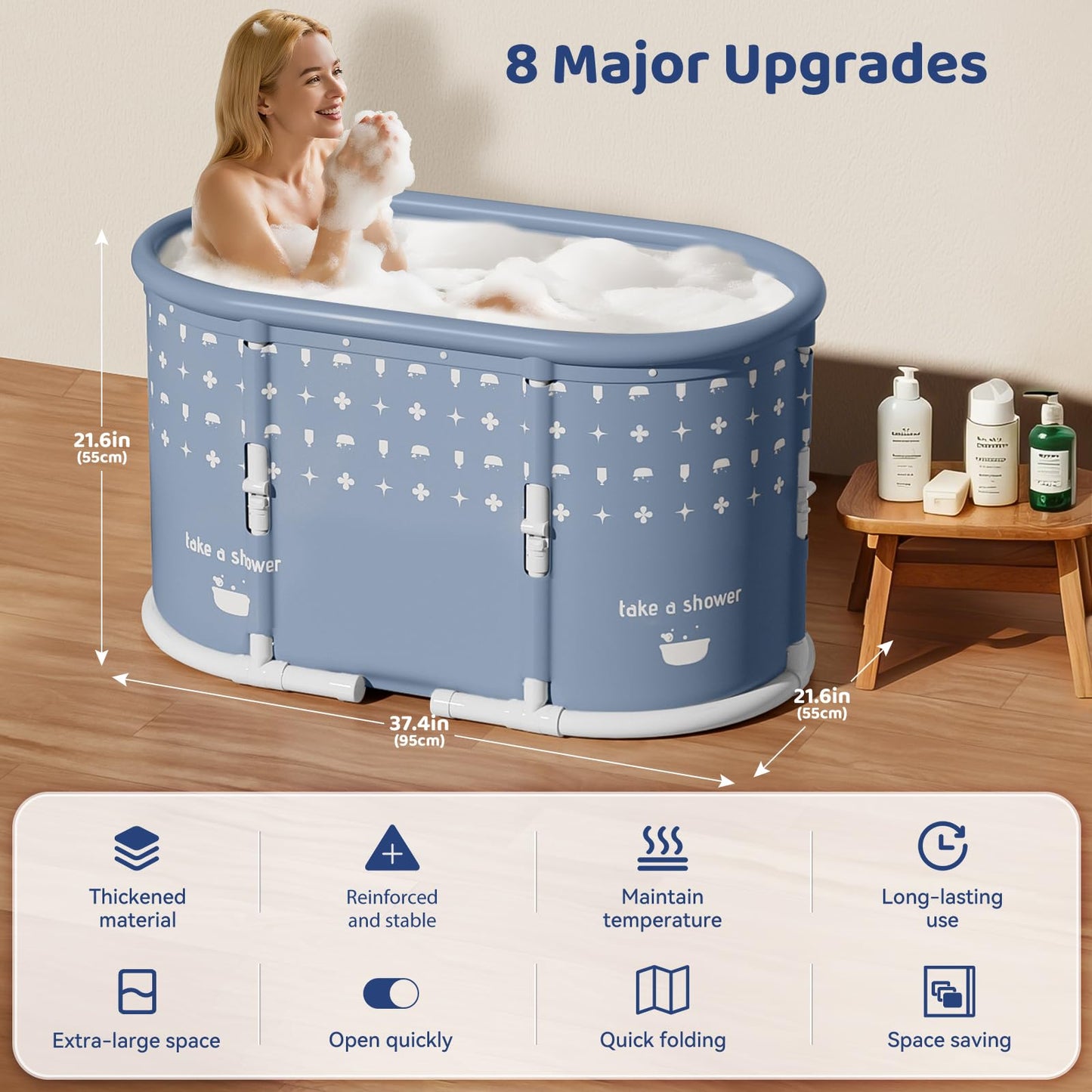 HLCZLUZ Portable Bathtub, Foldable Bathtub No Installation, Freestanding Shower Bathtubs with Cushion, Collapsible SPA Soaking Bath Tub, Hot & Ice Bath Tub for Indoor Outdoor (White Brown Stripes)