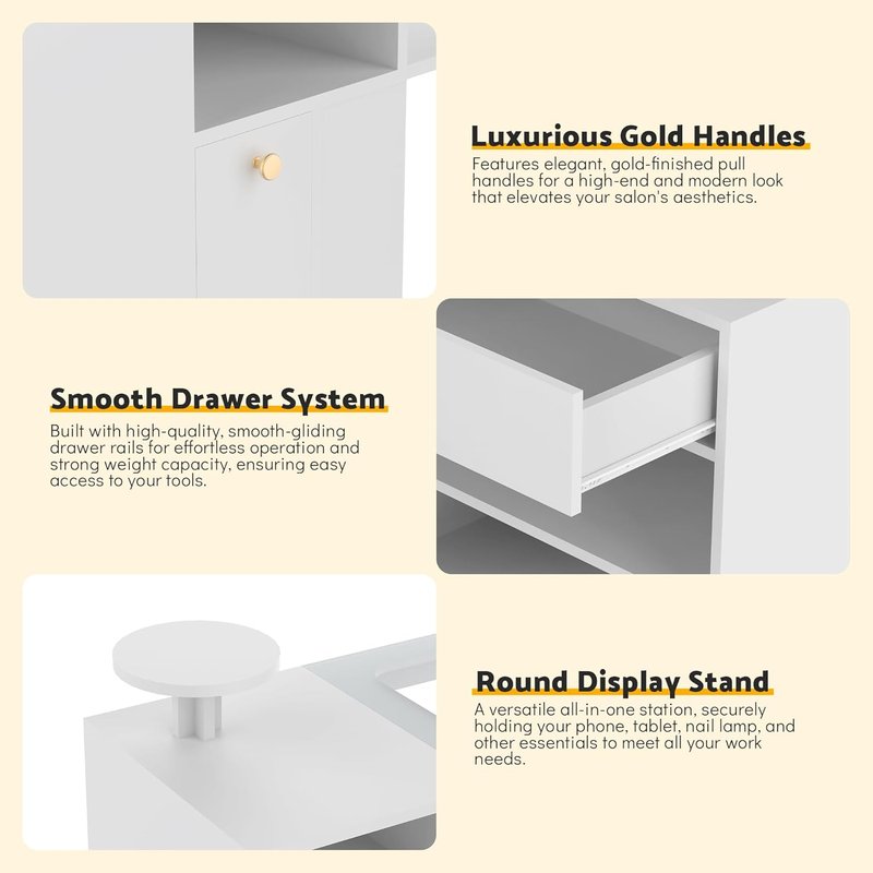 Manicure Table - 60-Inch L-Shaped Nail Desk with Glass Top | White with Shelves & Drawer Storage