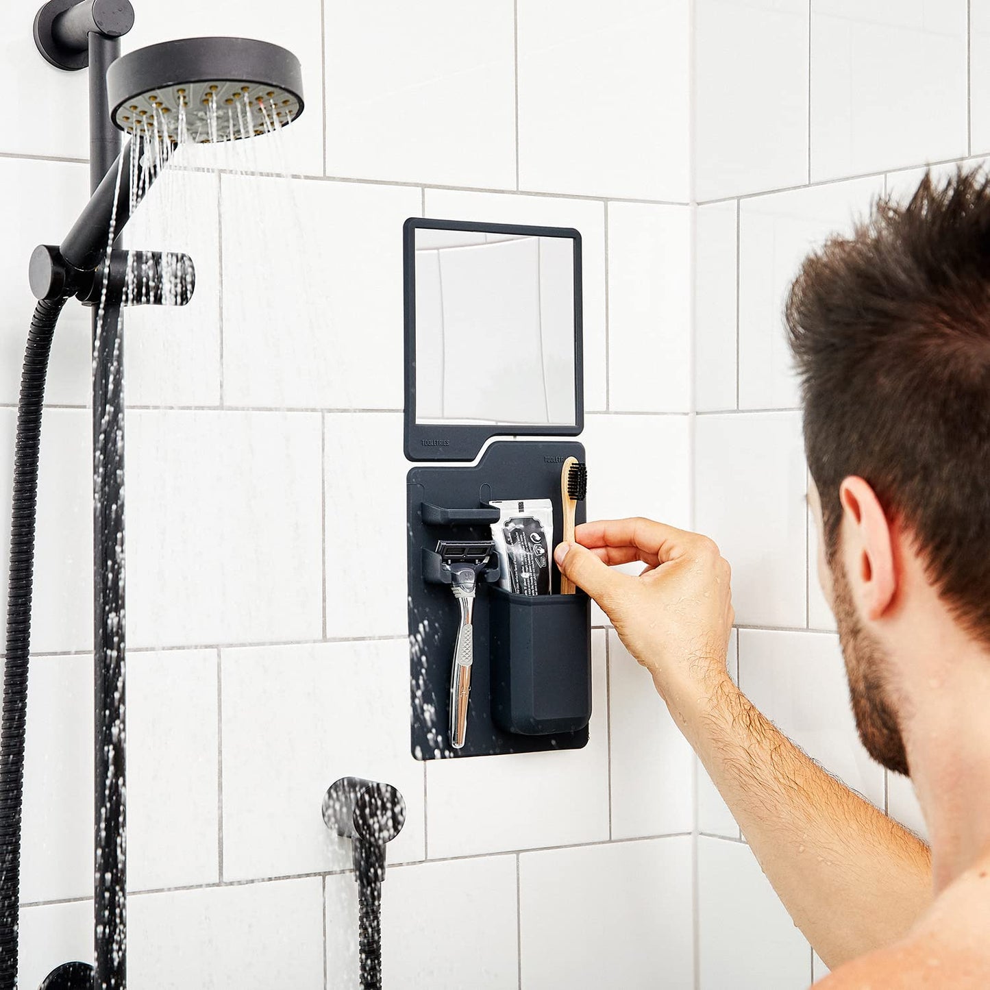 TOOLETRIES The Harvey & Oliver Set, Silicone Wall Mounted Bath & Shower Organizer with Clear-View Shatterproof Grooming & Shaving Mirror, Easy Installation, Removable & Reusable - Charcoal