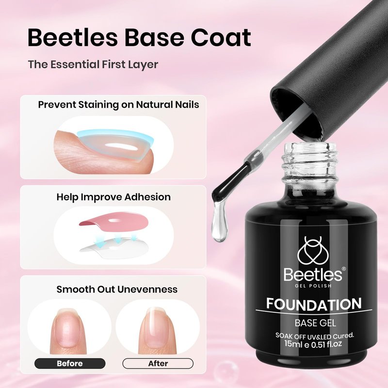 Beetles 3Pcs 15ml Pink Gel Nail Polish and No Wipe Gel Top Coat & Base Coat Set, Soak Off UV Lamp and Long Lasting Top Coat French Manicure Art Design Kit