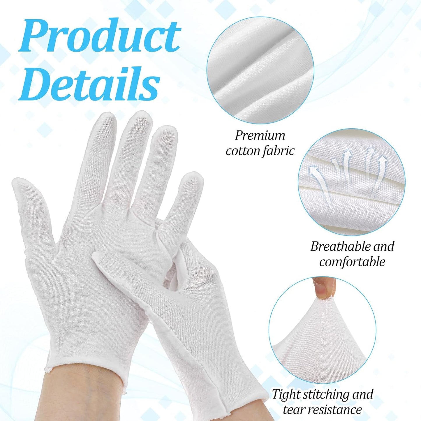 White Cotton Gloves for Dry Hands | Moisturizing Eczema Relief | 4 Pairs, Stretchy & Thin