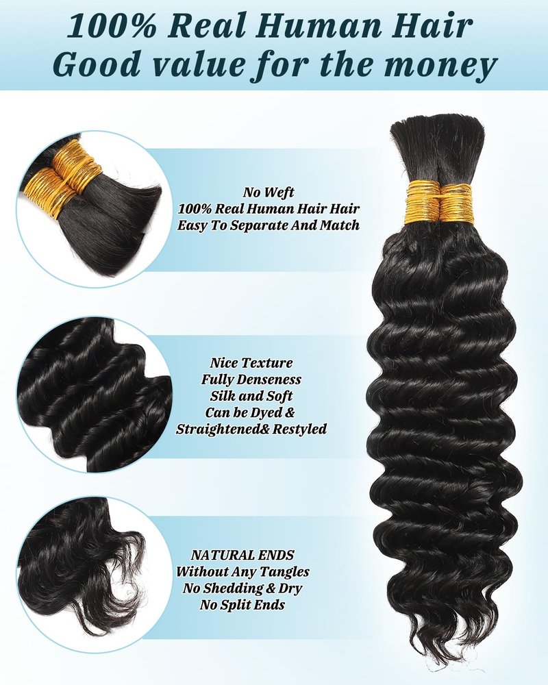 Flagship Human Braiding Hair for Boho Braids,Human Braiding Hair 16inch 100g Deep Wave Human Hair 2 Bundles