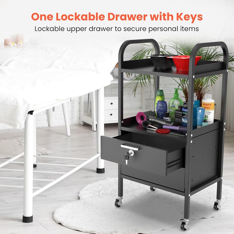 Metal Salon Trolley Cart with Wheels - 4-Tier Rolling Tray Organizer for Hair Stylists & Estheticians | Lockable Drawers & Durable Design
