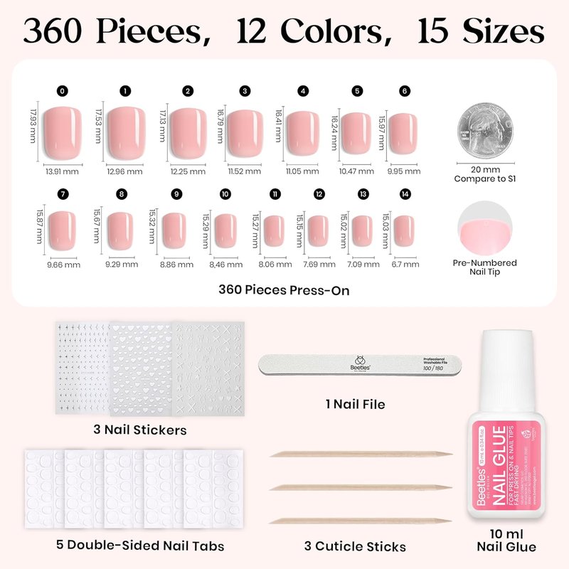 Beetles Press On Nails Kit - Caramel Drift | 360 Pcs Short Square Nails in 12 Colors | French Glossy Glitter with Glue & Tabs for Women