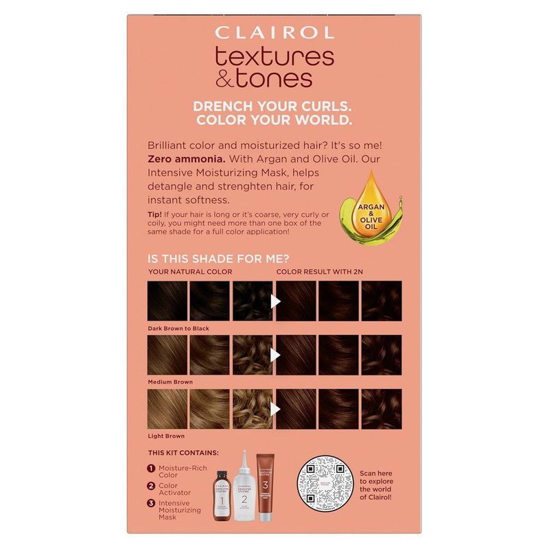 Clairol Textures & Tones Permanent Hair Dye - 2N Mocha Brown | Ammonia-Free, Moisture-Rich Formula with Argan & Olive Oil