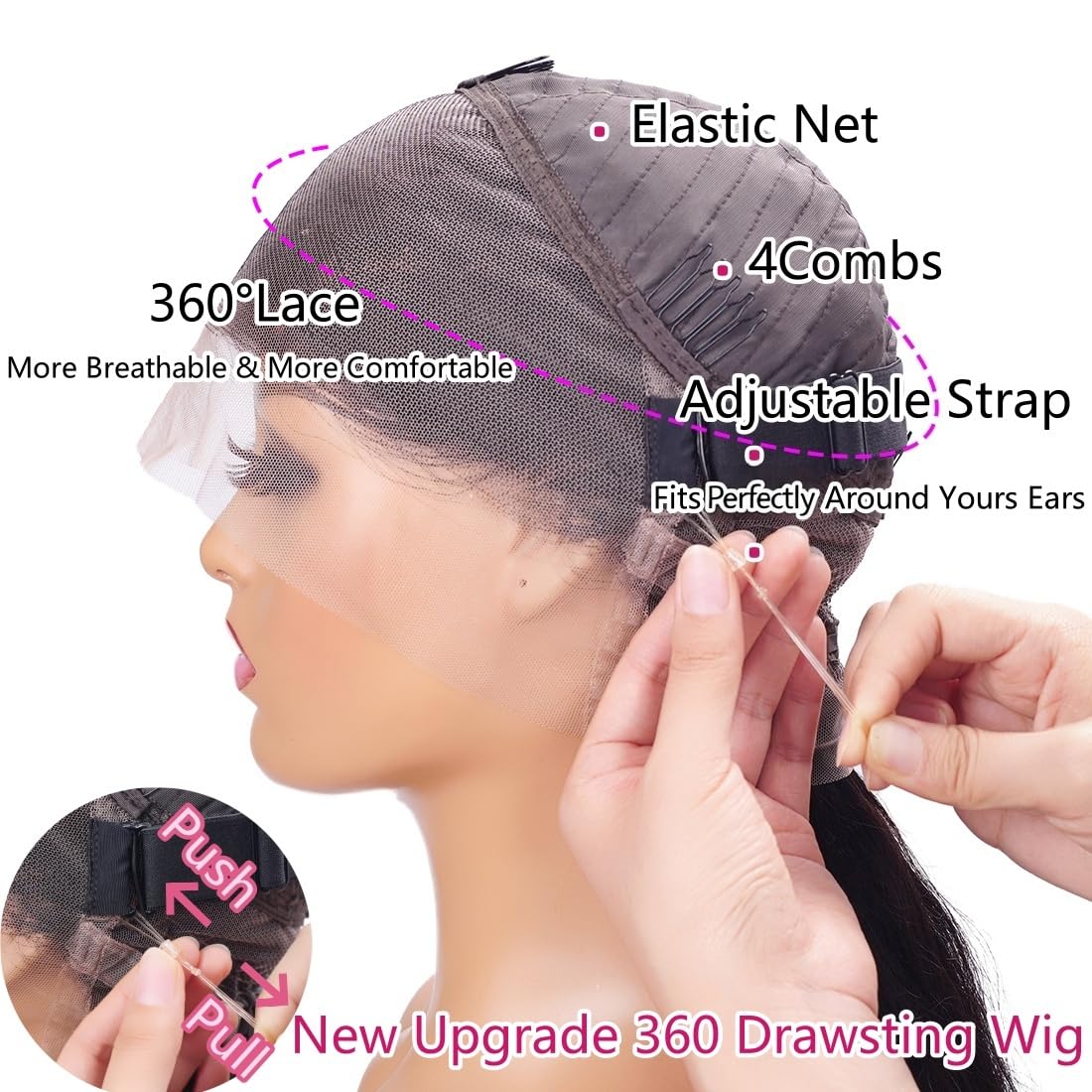 TwerkGirls Body Wave 360 Lace Front Wigs Human Hair Pre Plucked Hidden Strap 26Inch 220% Density Drawstring Wig 360 HD Full Lace Human Hair Glueless Wigs for Black Women