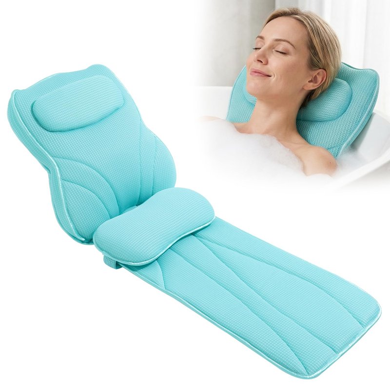 Extra Long Thick Full Body Bath Pillow for Tub with Lumbar Pillow- Luxury 4D Air Mesh Bathtub Pillow with Head, Shoulder & Back Support, Non-Slip Bath Cushion with Suction Cups-Lake Blue