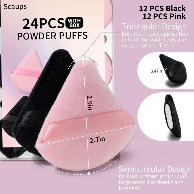 Skiennix 24Pcs Triangle Powder Puffs - Black & Pink Makeup Applicators for Flawless Foundation