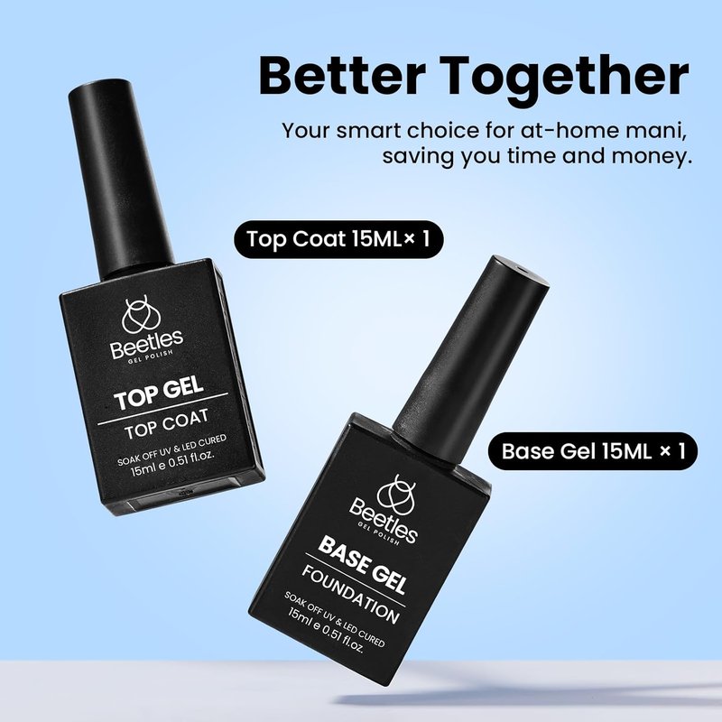 Beetles No Wipe Gel Top Coat & Base Coat Set - 2Pcs 15ml | Super Shiny, Long Lasting Nail Polish