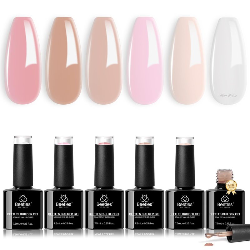 Beetles Builder Gel Set-Sheer Luck 6 Colors 8 in 1 Building Instant Apex Strengthening Thickening Extension DIY Salon at Home for Beginner,Nude Pink Builder Nails Gel,UV & LED Lamp Needed