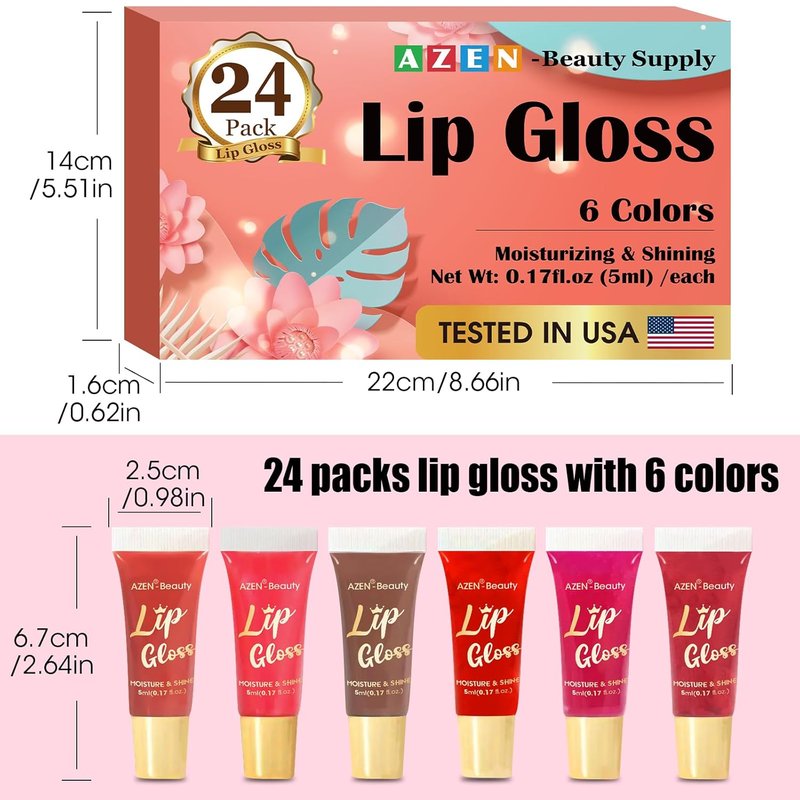 AZEN Lip Gloss Set - 24 Pack Colorful Lip Oils for Moisturizing & Hydrating Dry Lips | Perfect Mother's Day Gift