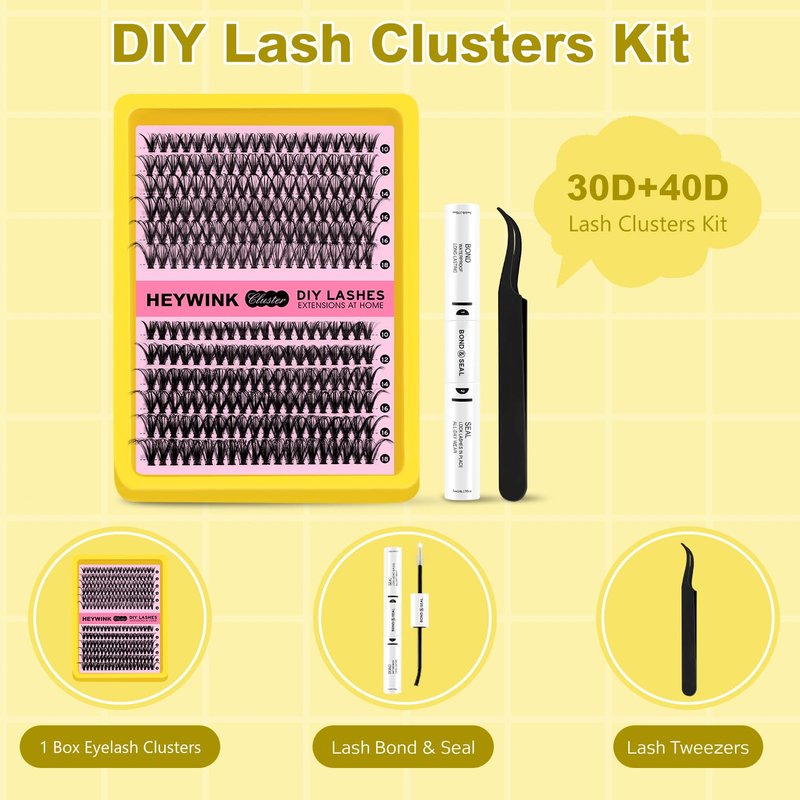 HEYWINK Lash Extension Kit DIY Lash Clusters Eyelash Extension Kit, 10-18mm 30D 40D Individual Lashes Kit Natural Lash Clusters with Lash Bond and Seal, Lash Tweezers for Beginner(30D+40D 10-18MM Kit)