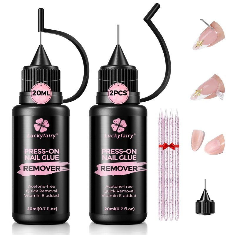 Pinpoint Press On Nail Remover: 2PCS 20ml Non-Acetone Nail Glue Remover with Cuticle Pusher, Multi-Functional Remover for Nails Tips, Gentle Nail Polish Remover with Upgraded Quick Easy Removal