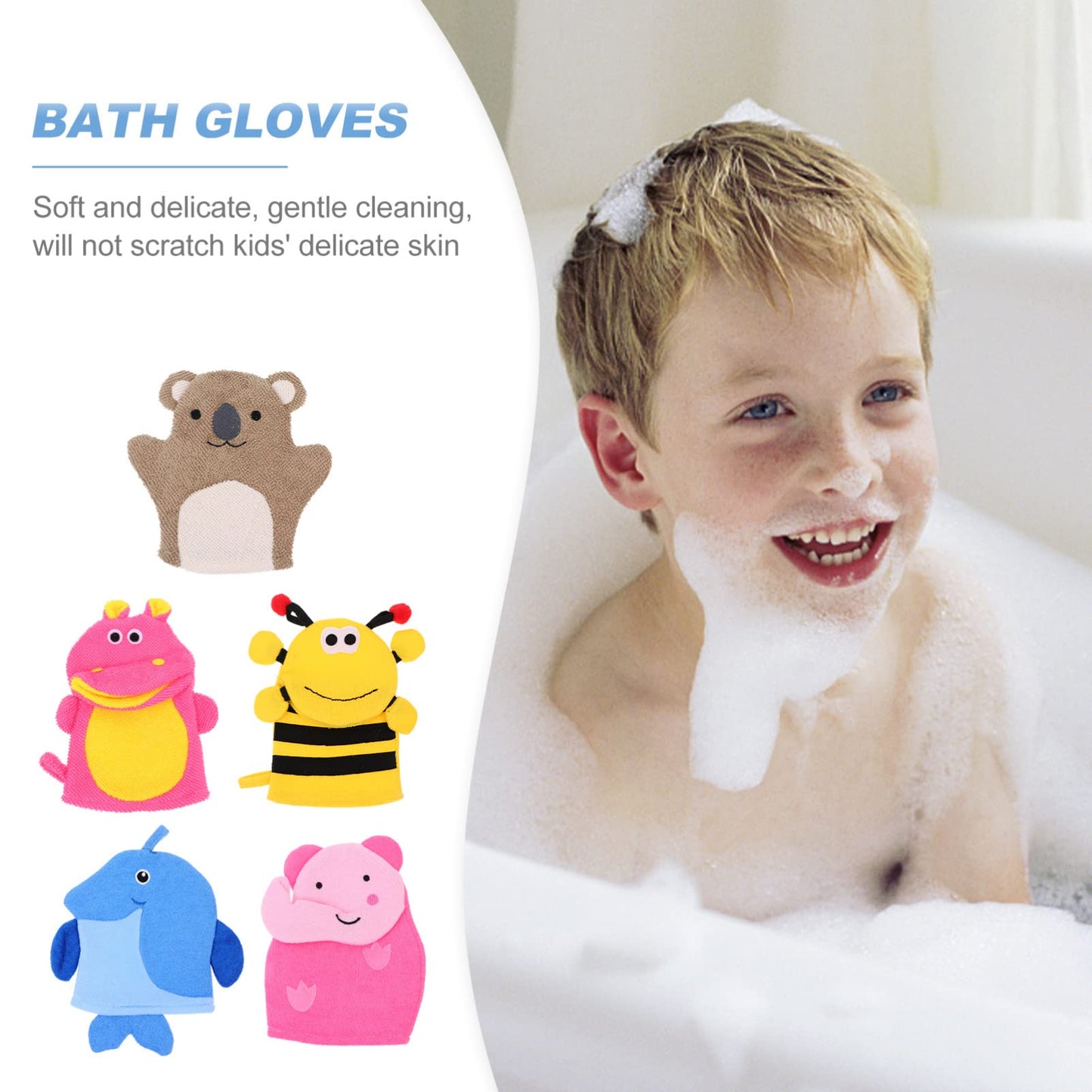 TOVINANNA Kids Bath Mitts, 5 Pcs Cute Animal Washcloths Gloves, Bath Sponge Body Washcloth Mitt for Boys Girls Children Hand Bathing Shower