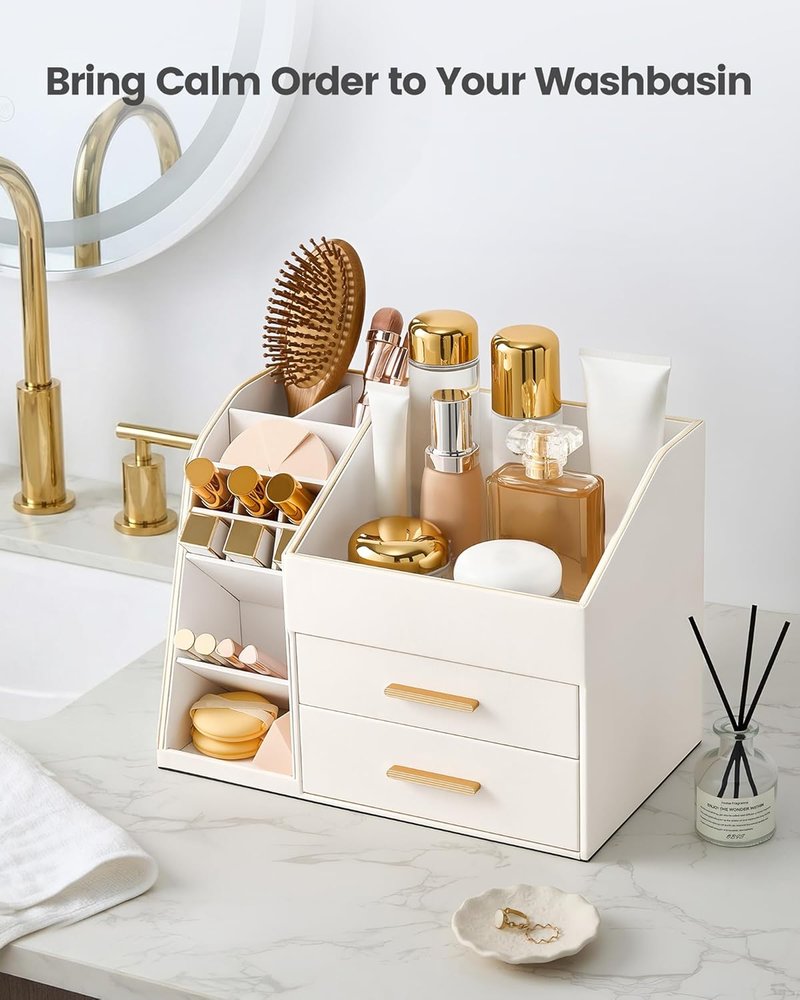 Makeup Organizer - 3-Layer PU Leather Storage Box for Skincare, Lipstick & Perfume | Easy to Clean - Cream