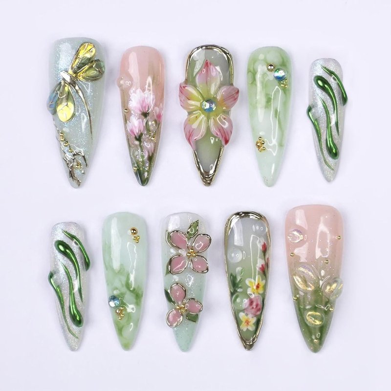 24Pcs Green Press on Nails Long Stiletto Fake Nails 3D Pink Flower Dragonfly with Gold Beads Glitter Designs Spring Summer False Nails Cute Stick on Nails for Women Acrylic Manicure Salon Decorations