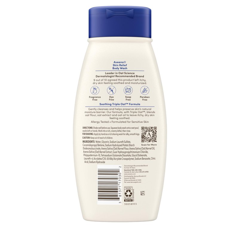 Aveeno Skin Relief Body Wash, Fragrance-Free with Triple Oat complex, Gentle Daily Cleanser for Sensitive Skin Leaves Itchy, Dry Skin Feeling Soothed & Moisturized, Soap-Free, 18 fl. oz